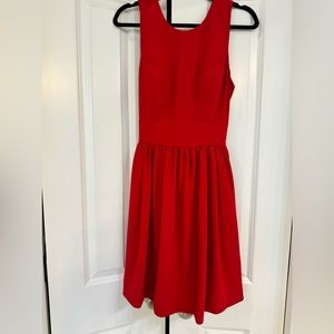 Red open back box dress. BHLDN.